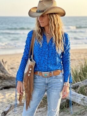 ZARA Floral Ruched Button Down Shirt Medium Coastal Cowgirl Western Festival